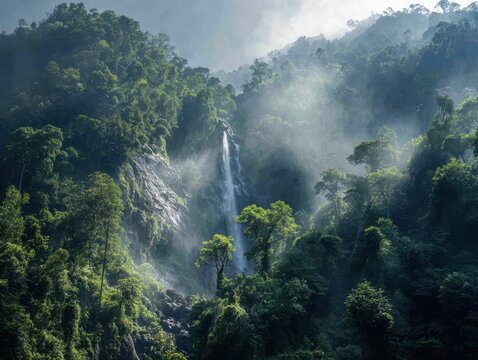 Ethereal waterfall in a misty, sun-drenched tropical jungle, surrounded by lush green foliage and rocky cliffs. - Powered by Adobe