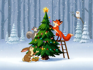 Festive forest animals gather around a Christmas tree with gifts, tea, and joy in snowy winter forest.