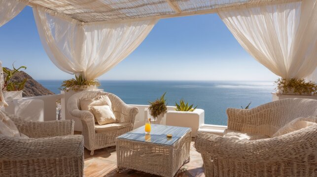 Elegant terrace overlooking Mediterranean sea, white canopy, cozy wicker furniture, glass of citrus drink on table, soft breeze and sunlight
