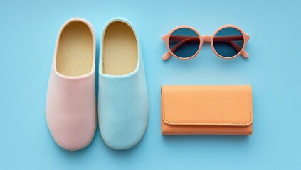 Pastel pink and light blue slippers, coral purse, and round pink sunglasses arranged on a light blue background; flat lay