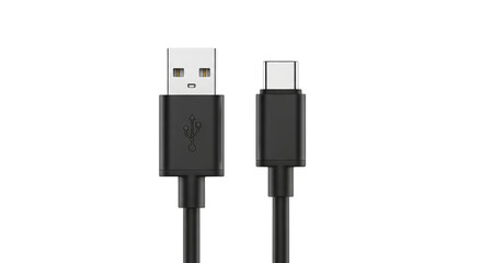 Modern black usb type a to usb type c charging and data cable isolated on transparent background