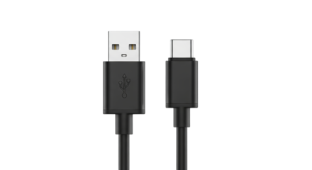 Modern black usb type a to usb type c charging and data cable isolated on transparent background