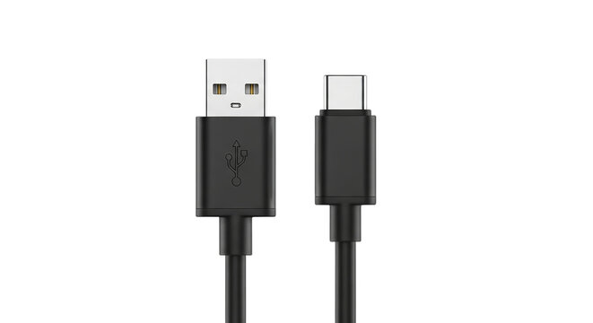 Modern black usb type a to usb type c charging and data cable isolated on transparent background