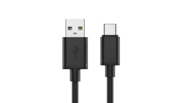 Modern black usb type a to usb type c charging and data cable isolated on transparent background