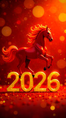 Vibrant red horse leaps above golden 2026 numerals, symbolizing upcoming Chinese New Year.