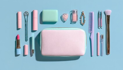 Pastel-colored cosmetics and beauty tools arranged symmetrically on a light blue background, including lipsticks, a makeup bag, brushes, tweezers, and a comb.