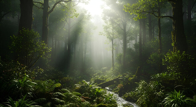 Sun rays through forest in green tones mysterious landscape scenic view
