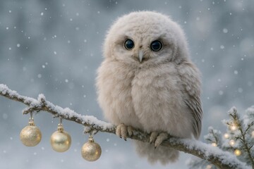 Adorable Fluffy White Baby Owl Perched on a Snowy Branch with Golden Christmas Ornaments