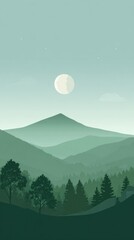Serene nightscape featuring a large, pale moon illuminating a minimalist, hazy mountain range and dark, silhouetted forest