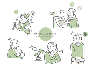 認知症を患うシニア男性のセット　シンプルでお洒落な線画イラスト　