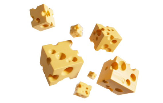 swiss cheese cubes floating on white background.