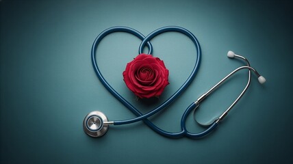 Stethoscope shaped as a heart with a red rose symbolizing healthcare and compassion
