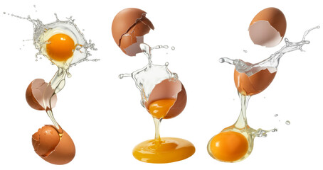 cracked eggs with splashes, isolated on white background.