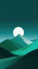Stylized nighttime landscape featuring a large, bright moon above rolling teal and dark green hills, creating a serene and minimalist aesthetic