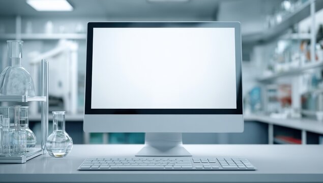 Technology in Scientific Hub: A high-tech monitor and keyboard sit on a table, ready for data analysis, set in a contemporary research laboratory, showcasing innovation in the scientific process. - Powered by Adobe
