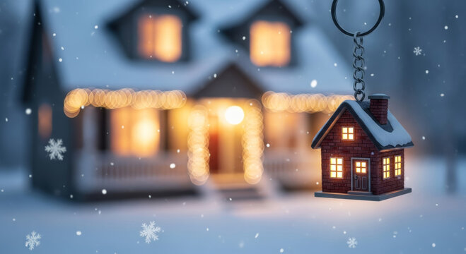 Warm christmas house keychain financial shield for your new home. Cozy property concept with snow falling outside - Powered by Adobe