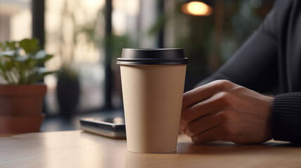 A beige or craft takeaway coffee cup with a black lid on a wooden cafe table. Man's hand, mobile device, and potted plant in the background. Concept of break, remote work, or meeting