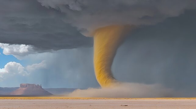 Yellow desert tornado forming under heavy storm clouds in vast arid landscape