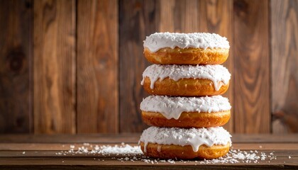 Stacked Donuts with White Icing on Wooden Surface