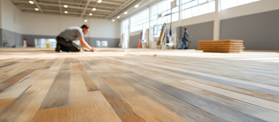 Obraz premium installing modern wood flooring in sport room