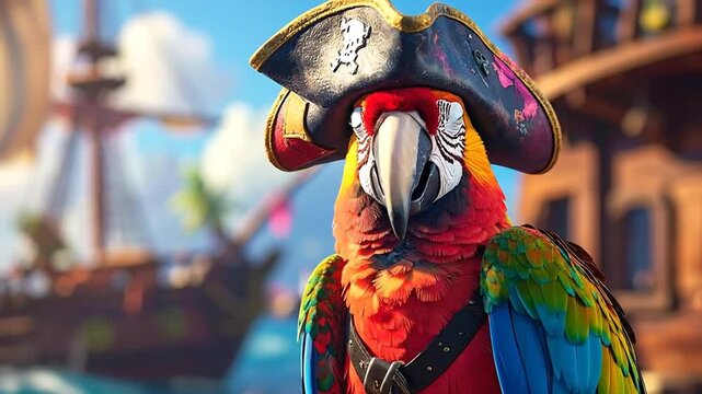A flamboyant macaw parrot, expertly dressed in a weathered pirate hat and gear, gazes intently, ready for an exotic ocean voyage