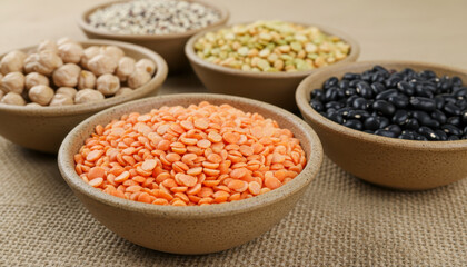 Assortment of dried legumes and pulses in rustic bowls, including red lentils, chickpeas, black beans, and split peas, on a burlap surface