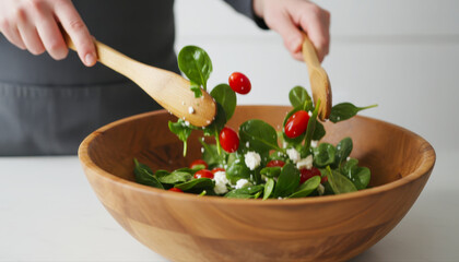 Tossing a fresh spinach salad with cherry tomatoes and feta cheese in a wooden bowl, creating a healthy and vibrant meal
