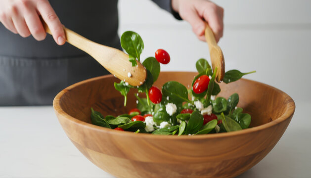 Tossing a fresh spinach salad with cherry tomatoes and feta cheese in a wooden bowl, creating a healthy and vibrant meal