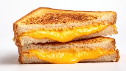 Two halves of a golden-brown, toasted cheese sandwich, showing melted cheese oozing from the cut sides, stacked on a white background