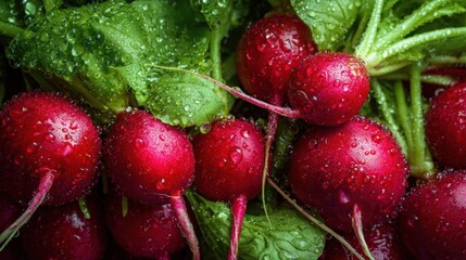 fresh red radishes with green leaves covered in dewy water droplets, vibrant colors, detailed close up, freshness and natural textures emphasized