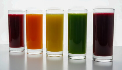 Five glasses of different colored vegetable juices, including beet, carrot, orange, green, and purple