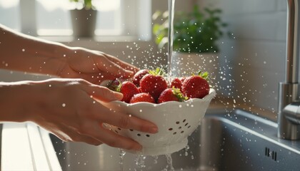 Washing fresh strawberries a womans hands rinsing ripe, red berries under running water in a kitchen sink for a healthy snack