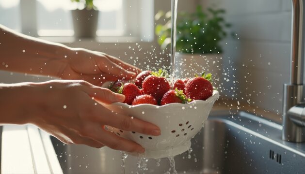 Washing fresh strawberries a womans hands rinsing ripe, red berries under running water in a kitchen sink for a healthy snack