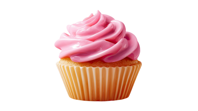 Pink birthday cupcake isolated on white background with sweet baked frosting cream dessert