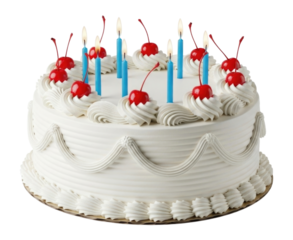 Birthday cake with blue candles and cherries transparent background cutout png