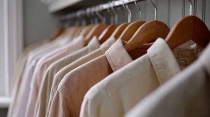 Obraz premium A neat wardrobe system showcases a collection of beige shirts elegantly hanging on wooden hangers. The soft tones create a calming and stylish atmosphere in the room
