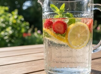 Refreshing summer drink with lemon, strawberry and mint in a glass pitcher on a wooden table in the garden on a sunny day