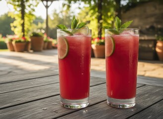 Two refreshing watermelon cocktails garnished with lime and mint, sitting on a wooden table in a sunny outdoor setting, perfect for a summer day