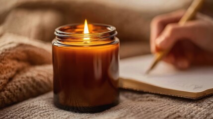Slow Living New Year Eve, cozy evening scene with candlelight and handwritten journal on soft blanket, expressing reflective ritual, emotional pause, gratitude energy and personal slow moment