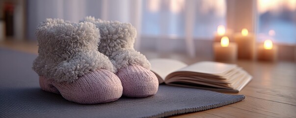 Slow Living New Year Eve, cozy home moment with pink slippers, candlelight and open book on soft mat, expressing stillness, gentle self-care ritual, holiday reflection and peaceful year-end pause