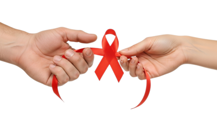 Two hands holding a red ribbon symbolizing awareness and support for aids research and prevention isolated on transparent background