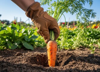 A gloved hand pulls a fresh carrot from the rich soil in a sunlit garden, surrounded by green foliage and colorful flowers in the background