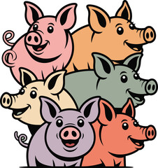 Pile of Happy Cartoon Pigs Vector Illustration, Colorful Farm Animal Character Group Mascot
