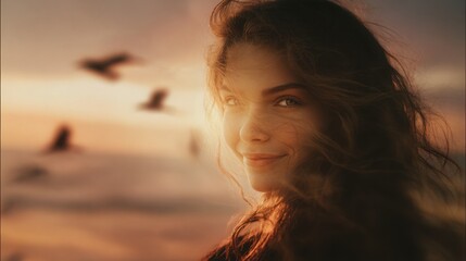gentle woman smiling softly above calm sunset ocean, her eyes glowing warmly, golden mist around her , pastel sky with flying birds, dreamy
