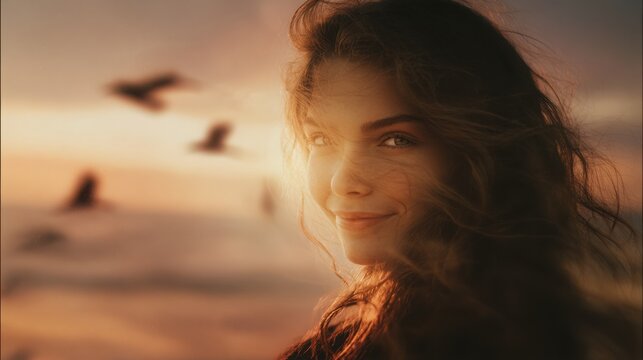 gentle woman smiling softly above calm sunset ocean, her eyes glowing warmly, golden mist around her , pastel sky with flying birds, dreamy