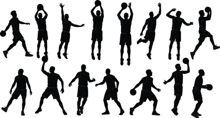 Silhouette of basketball players in different action poses, playing basketball, jumping, dribbling, shooting, training, teamwork, athletic fitness illustration