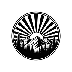 Black and white circular logo featuring mountains, trees, and a rising sun with radiating beams.