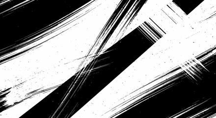 Abstract black and white background with dynamic diagonal brush strokes and textures.