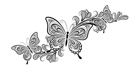 Elegant black and white illustration of three ornate butterflies with swirling floral patterns, creating a decorative border.