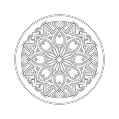 Intricate black and white line art mandala with geometric patterns and floral elements within a circular frame, suitable for coloring.